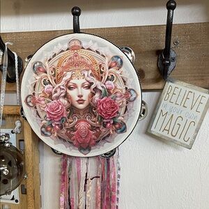 Retired Art Print Bohemian Wall Tambourine with Pink Accents 8” Tambourine